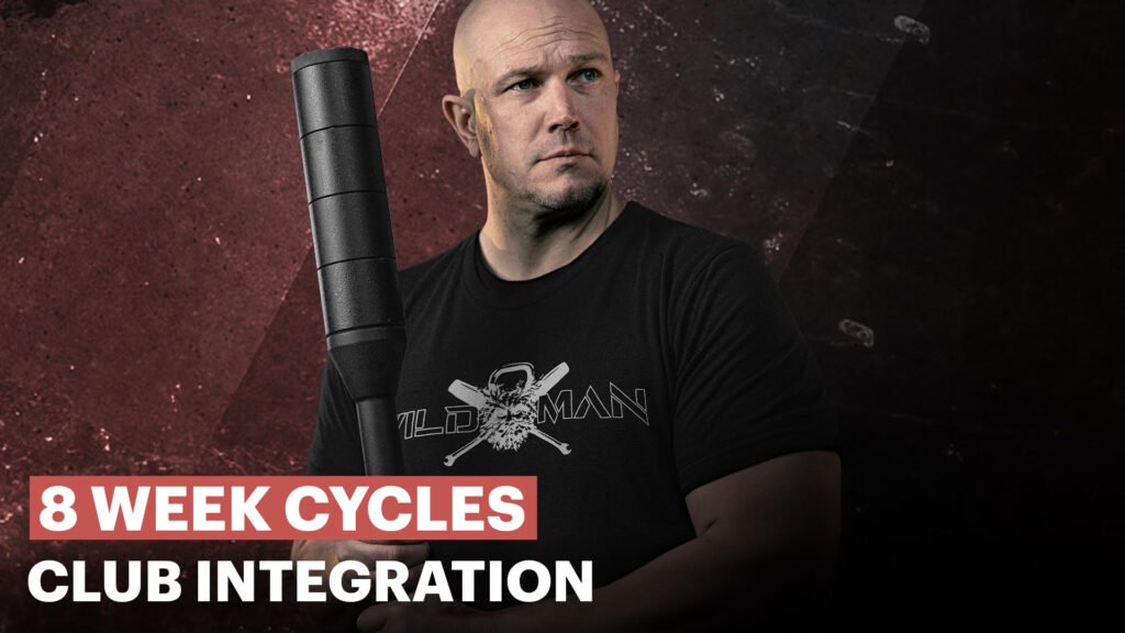 Mark holding a heavy club with text emphasizing 8 Week cycles of the club integration in the program
